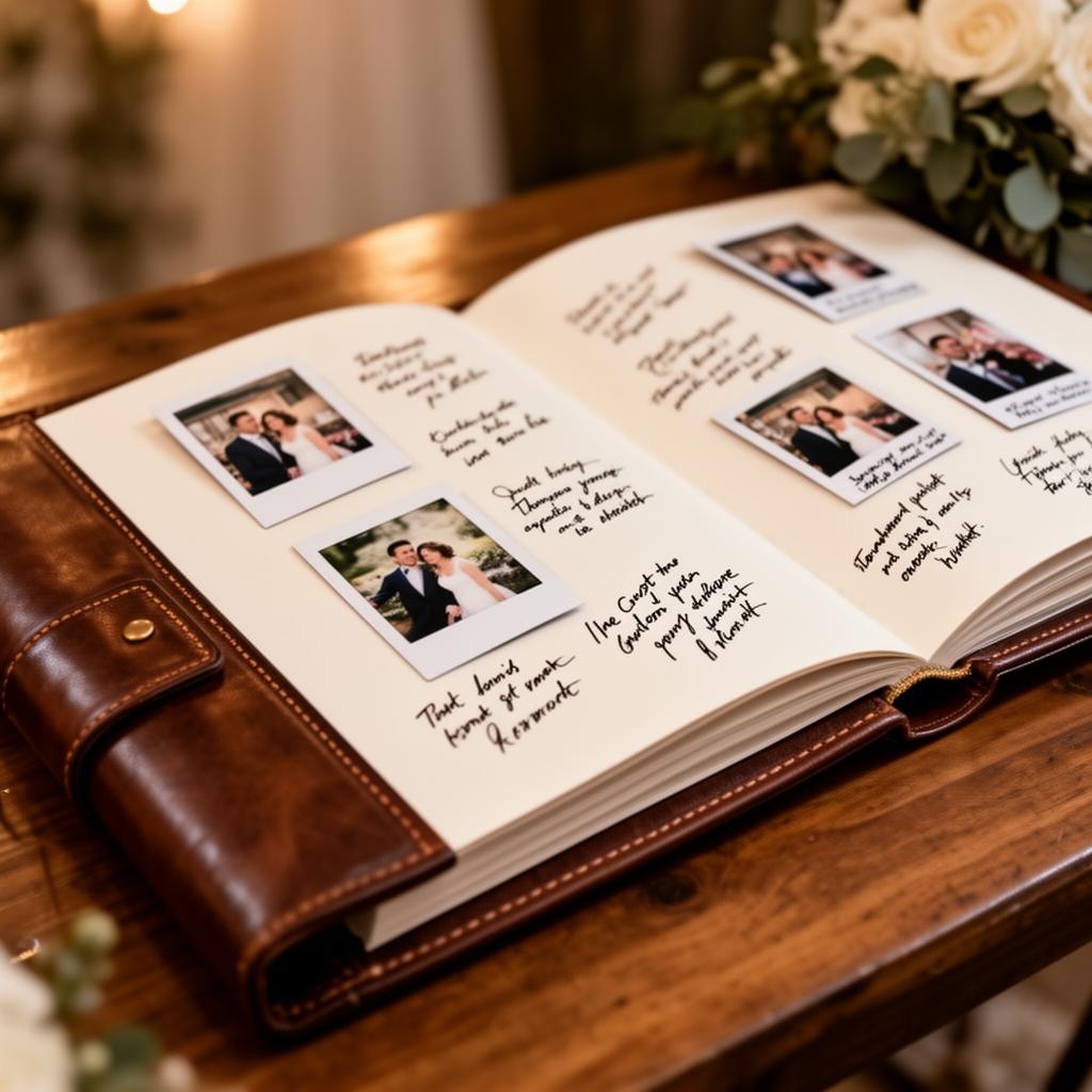 Leather-bound photo booth guestbook with prints and handwritten messages